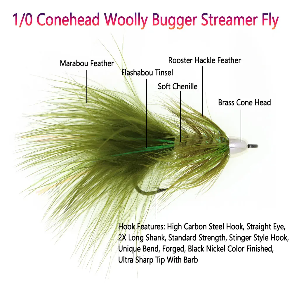 Bimoo 1/2 Uds 1/0 latón conohead lanoso Bugger Streamer cola de plumas de marabú espray de ninfa húmeda mosca trucha lubina Señuelos de pesca de mar - imagen 3