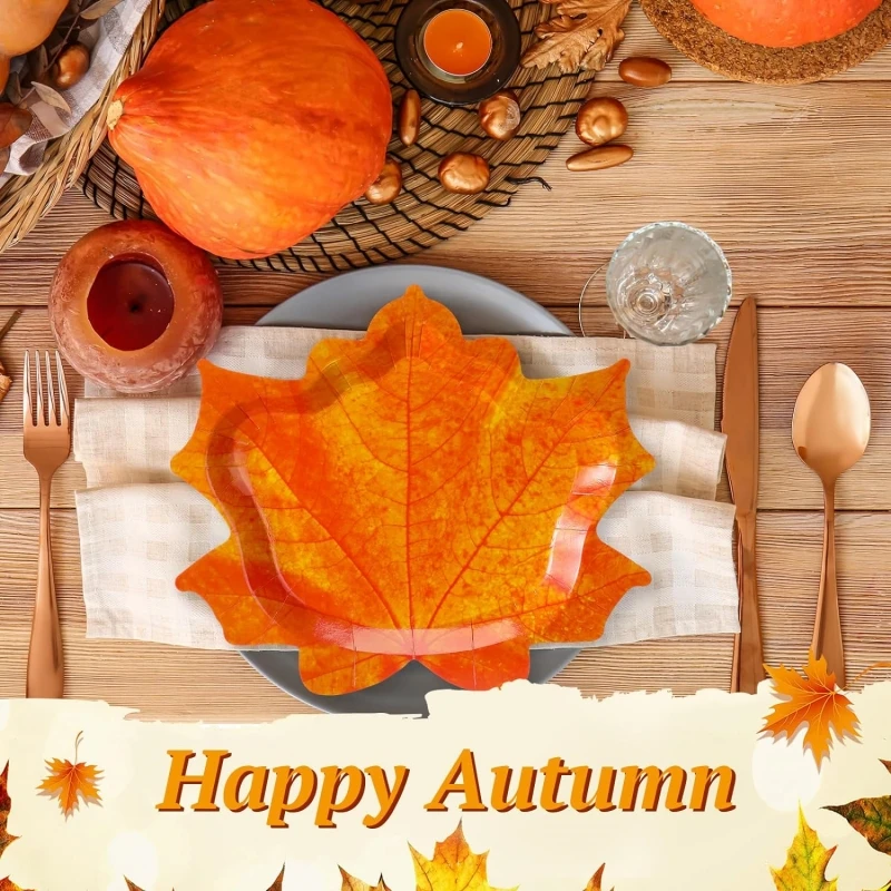 Platos de papel de Acción de Gracias, platos de fiesta en forma de Hojas de arce, platos de cena desechables para otoño y fiesta de Acción de Gracias, 8 Uds. - imagen 5