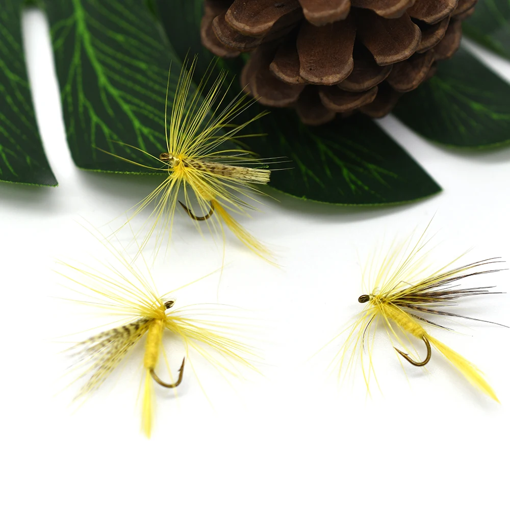 MNFT 10PCS 12 #   Cuerpo amarillo pluma brillante moscas de pesca con mosca anzuelo de púas cebo de insectos artificiales - imagen 5