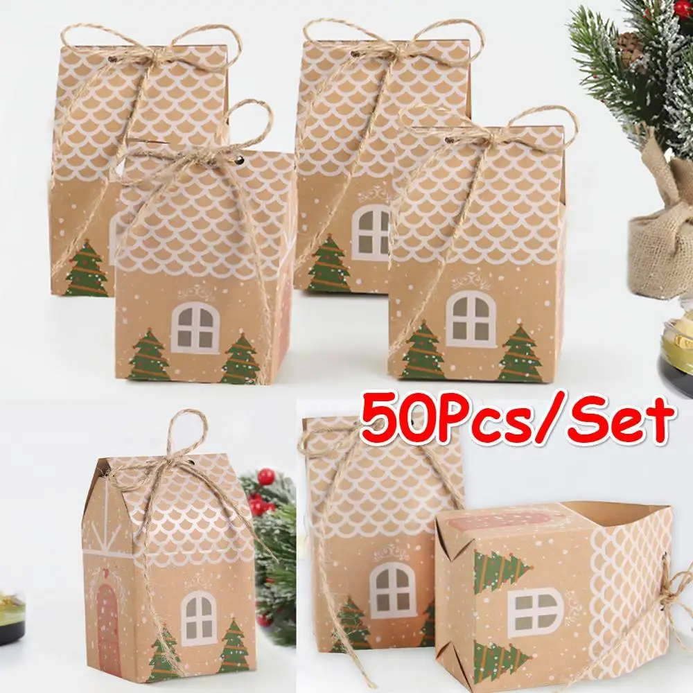 50 Uds. Soporte para suministros de fiesta, decoración navideña, bolsa para galletas con forma de casa, caja de dulces de Navidad, regalo de papel Kraft - imagen 2