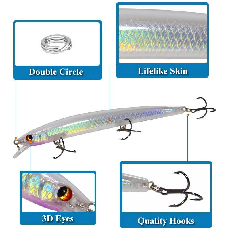 10 unids/lote señuelo de pesca de pececillo largo 13cm 15g flotante duro Wobbler Crankbait ojos 3D cebo Artificial trucha Lucio pesca de carpa - imagen 4