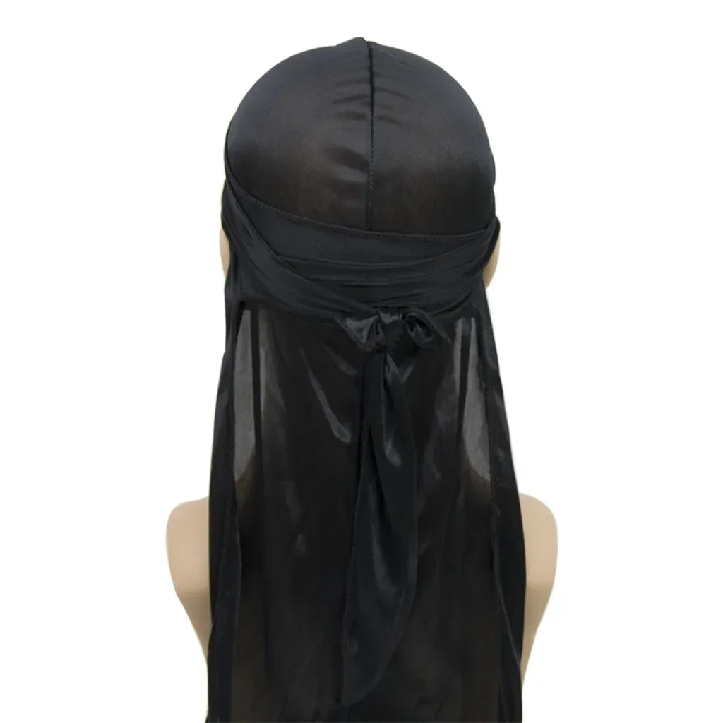 Unisex sedoso Durags Bandanas turbante sombrero pelucas Doo hombres satén Durag Biker sombreros diadema accesorios para el cabello cola Extra larga Du-Rag - imagen 5