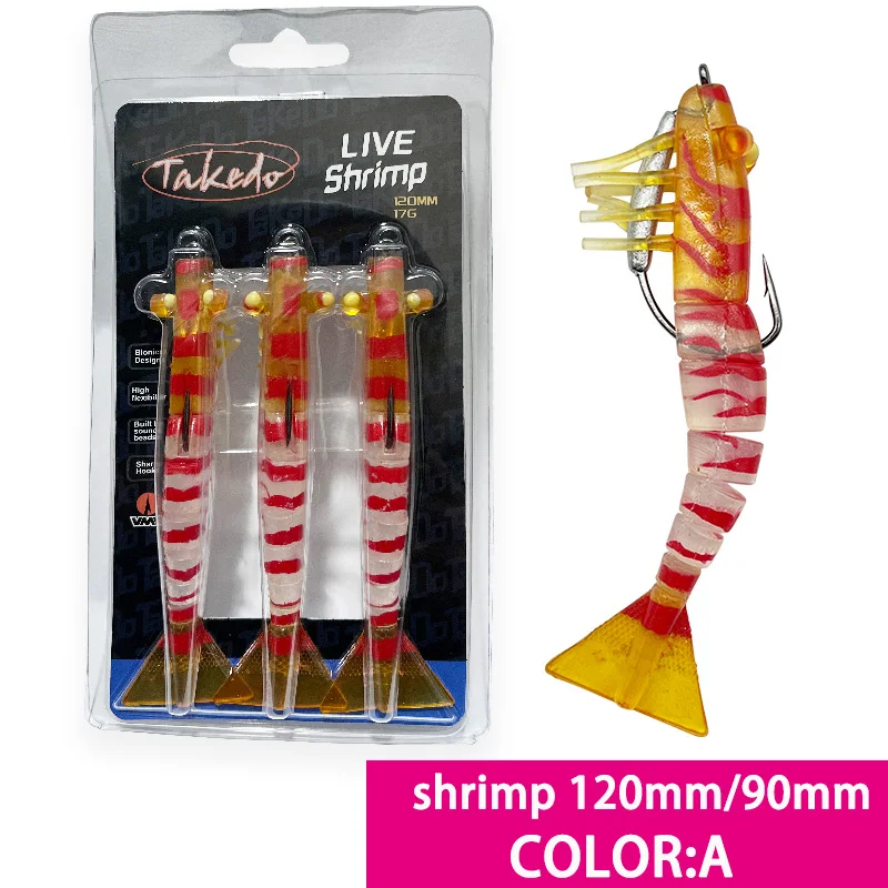 TAKEDO 3 unids/set TPR señuelo tipo Gamba 90MM 120MM señuelo de gambas sucias TPE cebo vivo señuelo suave con gancho de manivela 2/0 5/0 VMC