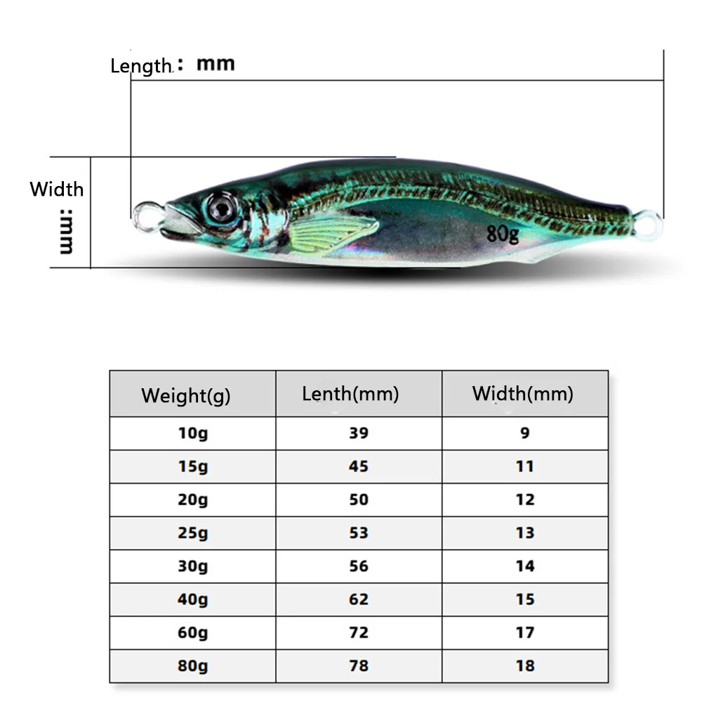 Señuelo de Jigging lento para pesca de atún, 10g, 15g, 20g, 25g, 30g, 35g, 40g, 60g, 80g, impresión 3D, plantillas de Metal - imagen 5