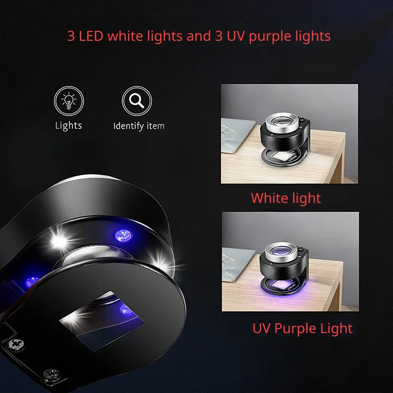 Lupa de 60x, lupa recargable por USB, lente de cristal óptico con 6 luces LED UV para joyería de sellos de monedas - imagen 2