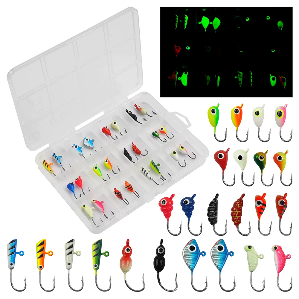 Kit de Señuelos para pesca en hielo, 24 Uds., equipo luminoso para pesca en hielo, Crappie Panfish, anzuelos para cabeza, anzuelos de pesca para invierno, Jigging Walley