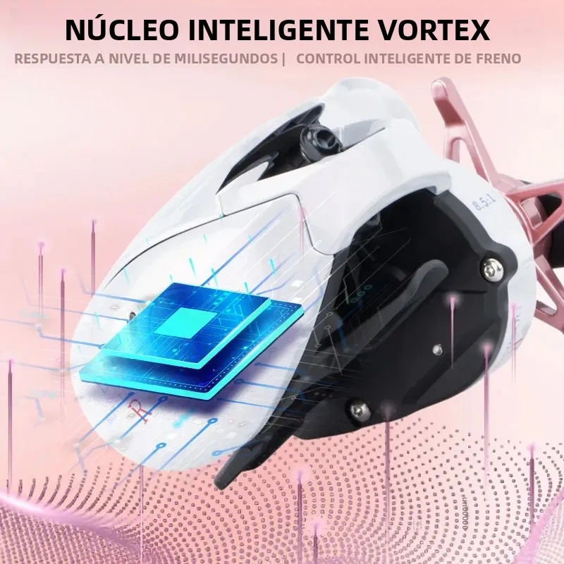 Carrete DEUKIO Rosa con freno DC – Fibra carbono para agua salada - imagen 3