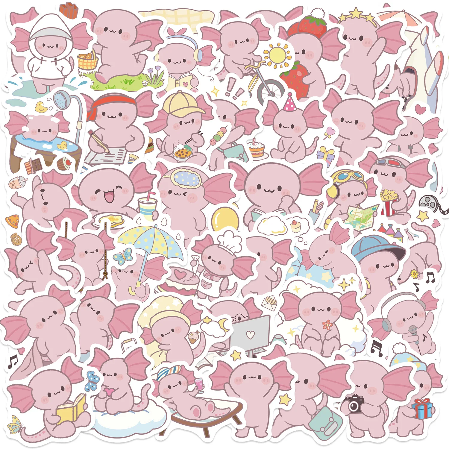 50 Uds. De pegatinas de grafiti de dibujos animados Axolotl para teléfono, guitarra, portátil, maleta, botellas de agua, pegatinas impermeables - imagen 2