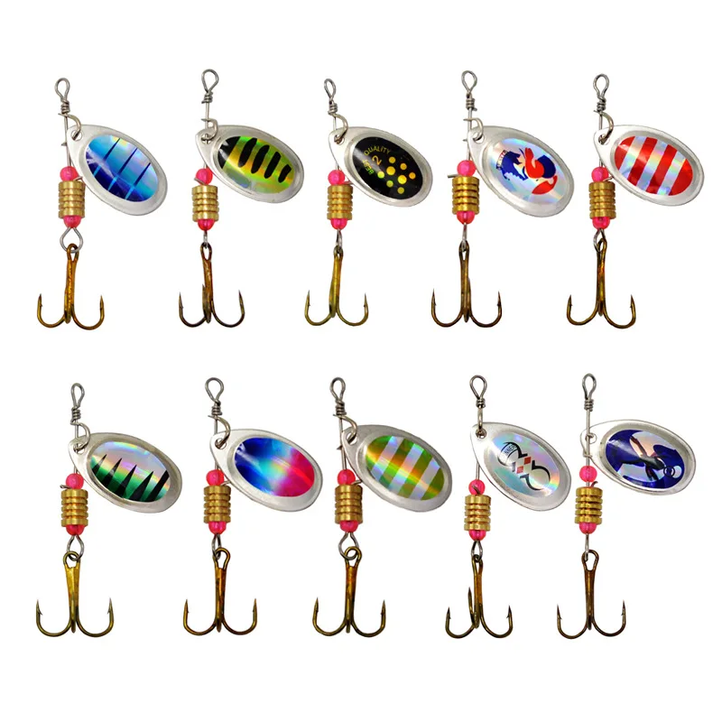 Señuelo de pesca Spinner, cucharas giratorias, 10 piezas, Kit de señuelos, cebos compuestos, cebo giratorio de 3,5g, anzuelos triples - imagen 5