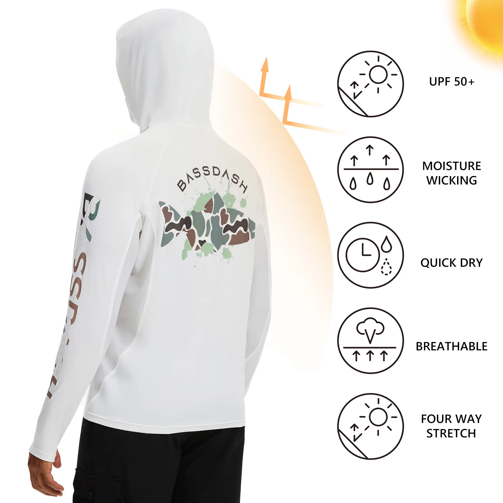 BASSDASH Sudadera con capucha de pesca gráfica UPF 50+ para hombre con máscara UV de manga larga que absorbe la humedad FS47M - imagen 3