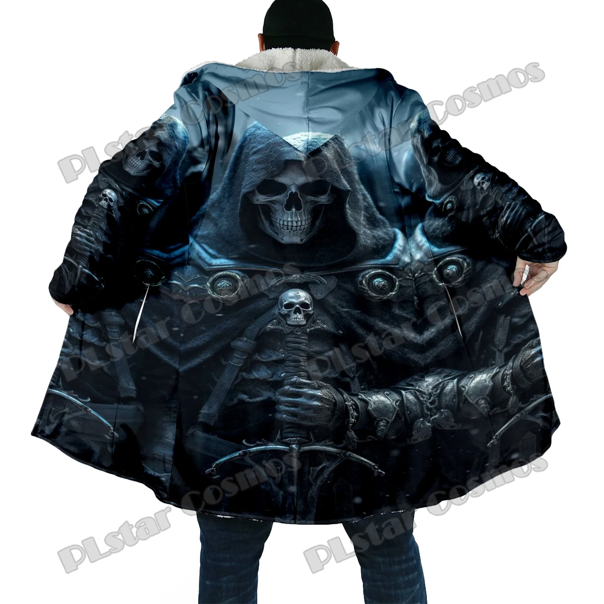 Capa de moda de invierno para hombre, capa con capucha de lana gruesa con estampado 3D de calavera y llama, capa cálida informal Unisex DP50 - imagen 5