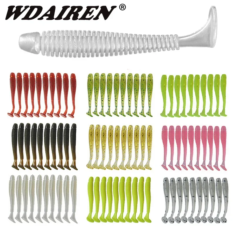 20 piezas gusanos de Pesca, señuelos blandos, 4,8 cm, 0,8g, cebo Artificial de silicona, Jig Wobblers con cola en T en espiral, Swimbaits, carpa, lubina, Pesca