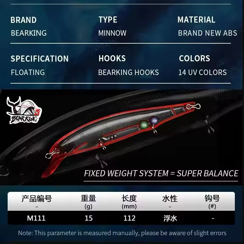 Bearking M111 112mm 15g nuevo modelo caliente sistema de peso fijo Señuelos de pesca cebo duro buceo 1,5 m calidad Wobblers Minnow - imagen 2