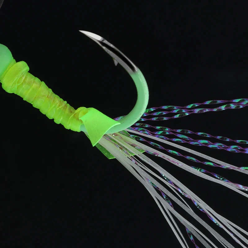 ZYZ anzuelo luminoso Sabiki asistido, gancho Triangular afilado, círculo, piel de pescado, hilo de seda coloreado, aparejos, 10 unids/lote por bolsa - imagen 4