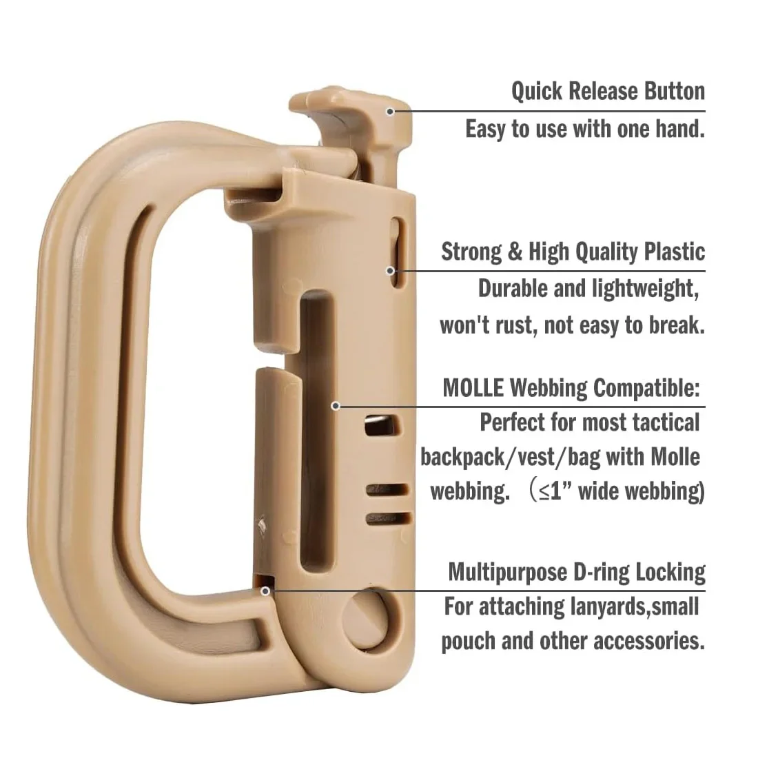 Mosquetón táctico con anillo en D de plástico, cerradura Grimlock, Clip de hebilla de gancho duro para correas Molle, accesorios para mochila/bolsa/bolsa/cinturón, 4 Uds. - imagen 4