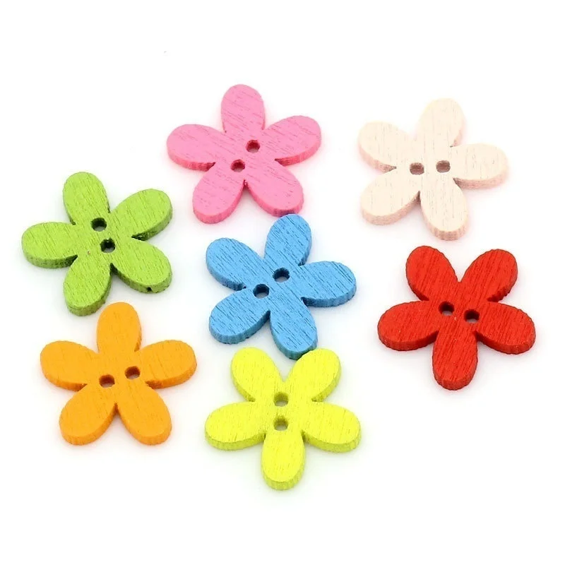 100 Uds. Botones decorativos de madera de flores mixtas de 2 agujeros adecuados para manualidades y clips de costura Multicolor 14x15mm - imagen 5