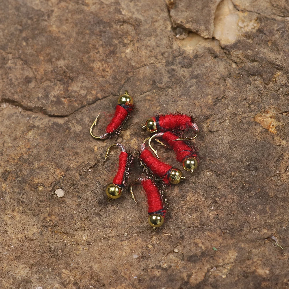 ICERIO-Señuelos de Pesca de ninfas Rojas, cable peludo, cabeza de cuenta Caddis, Mosca, trucha, #14, 12 piezas