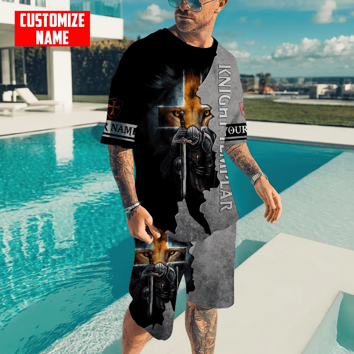 Caballero Templario guerrero León nombre personalizado 3D impreso conjunto de camiseta y pantalones cortos para hombre Combo Unisex estilo de verano camiseta Casual TZD01