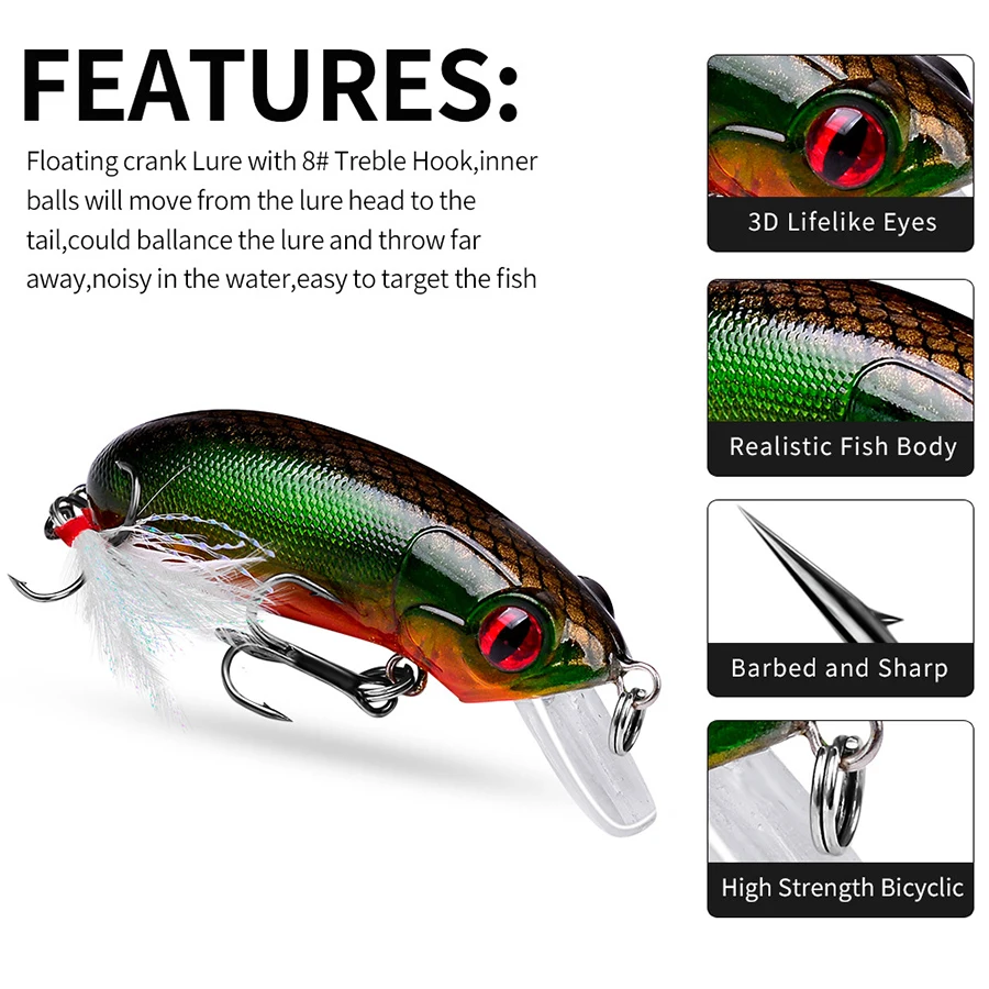 Crankbait-cebo Wobbler duro flotante, accesorios de herramienta de pesca, cola de cebo Topwater de 9 colores con gancho de plumas, 6,2 cm/10g, 1 Uds. - imagen 3