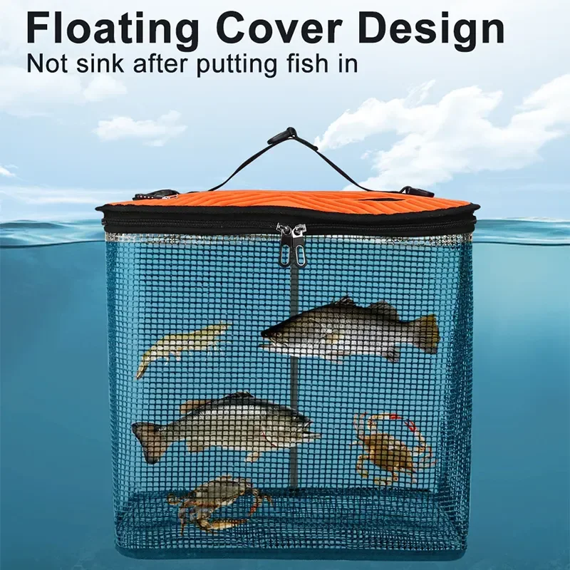 Cesta de pescar flotante plegable, red de pesca, bolsa de pesca de malla plegable portátil, cubo de almacenamiento de pescado, pesca