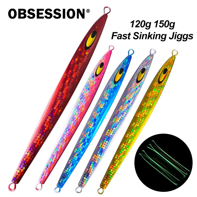 OBSESSION J64 señuelo de pesca de hundimiento rápido Jigging 120g 150g Artificial brillante láser Metal Jigbait agua salada brillo pesca Jig señuelo
