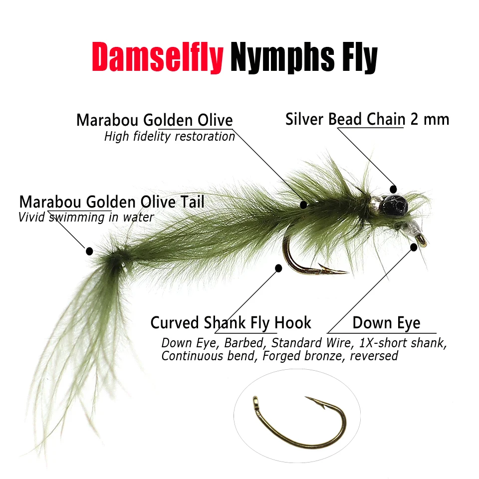 Wifreo-señuelo de pesca con mosca húmeda, 6 piezas, #12, marabú, Damselfly, ninfas, trucha, arcoíris, marrón, gris, trucha, SwimBait - imagen 3