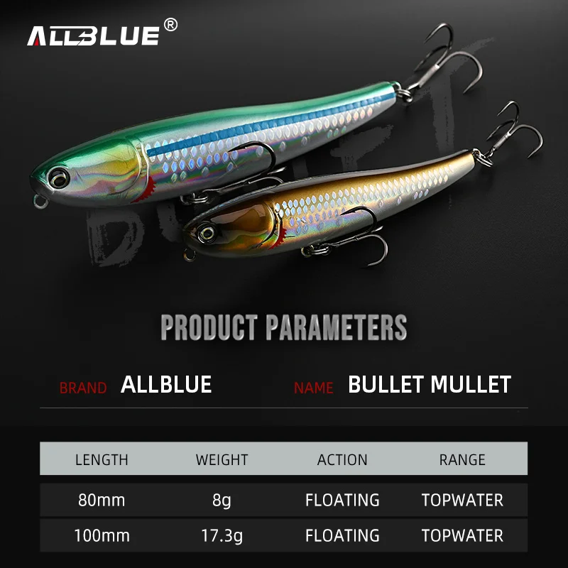 ALLBLUE BULLET MULLET 80mm/100mm Topwater lápiz superficie andador flotante señuelo de pesca caminar el perro agua salada lubina cebo duro - imagen 2