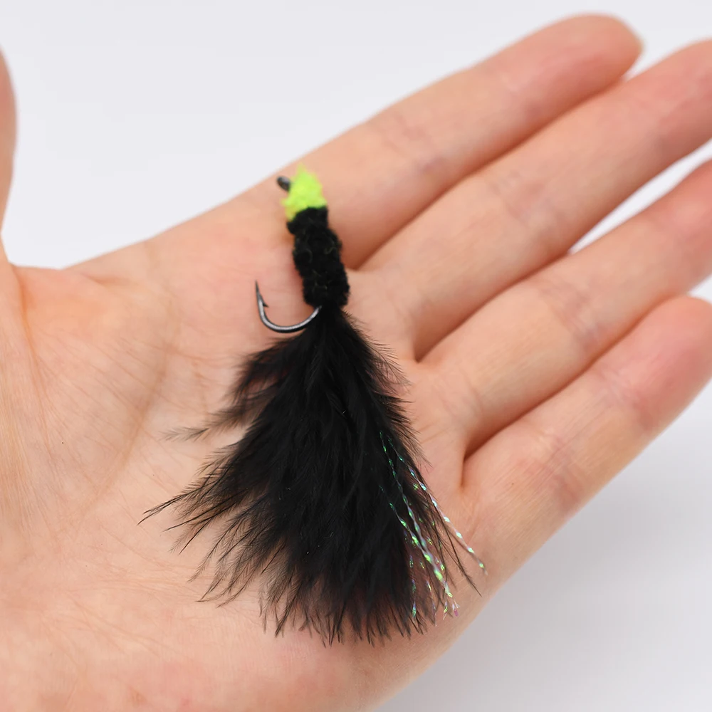 MNFT-6 piezas, 6 #, huevo negro, Mosca de sanguijuela, marabú de cabeza amarilla con serpentina de pesca de trucha Flashabou - imagen 4