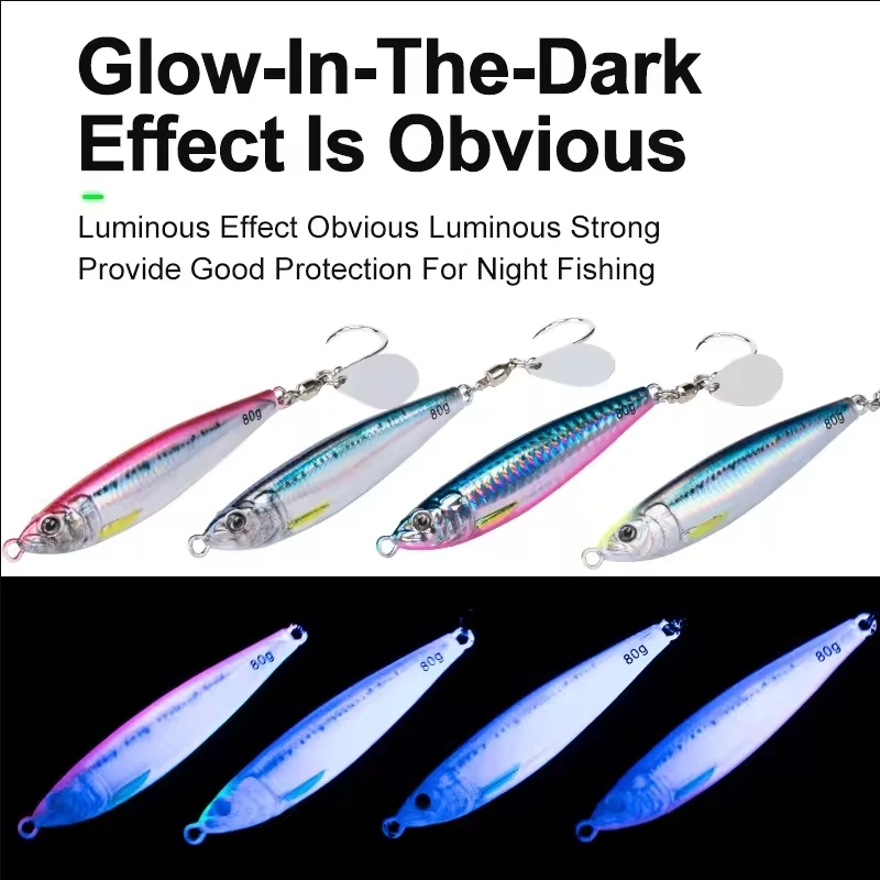 J113 40g 60g 80g cebos de Jigging de fundición cosida señuelos de Jigging de agua salada gancho duro luminoso Micro señuelo de plantilla de Metal - imagen 5