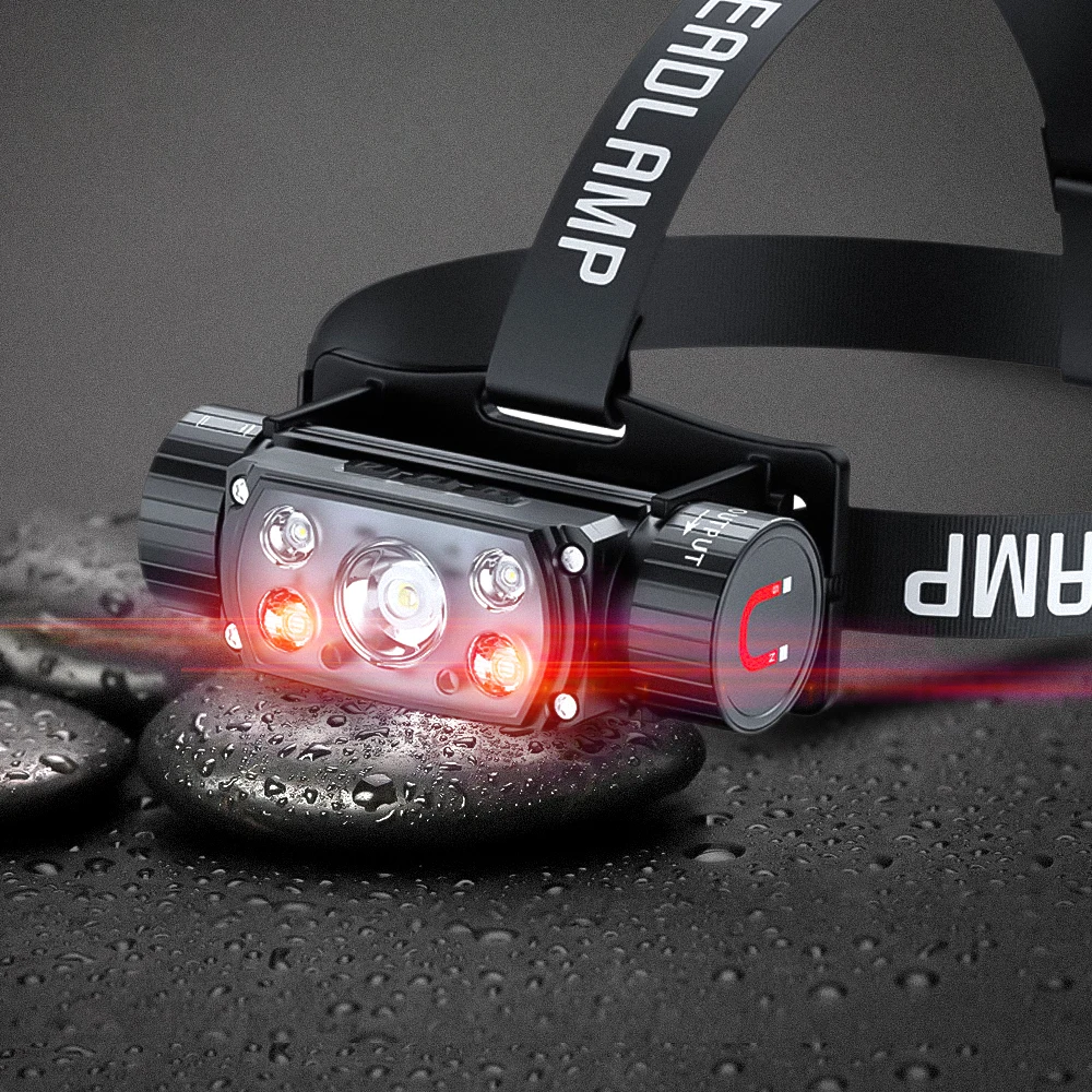 Linterna frontal LED con sensor, luz roja USB-C – acepta 18650/21700