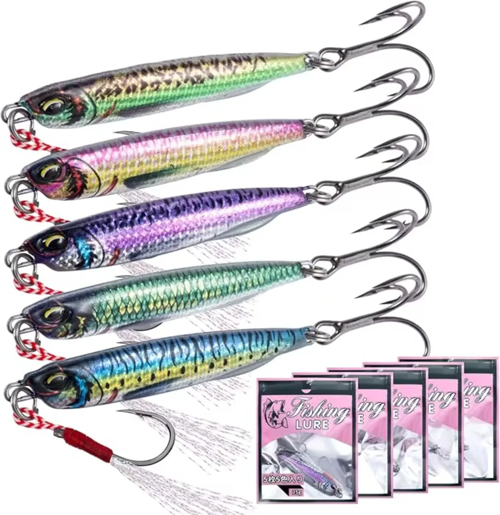 Goture 5 unids/set señuelo de plantilla de Metal 20g 25g 30g Spinner hundimiento 3D ojo Colo cebo de Jigging con ganchos para lubina señuelo de pesca de mar - imagen 2