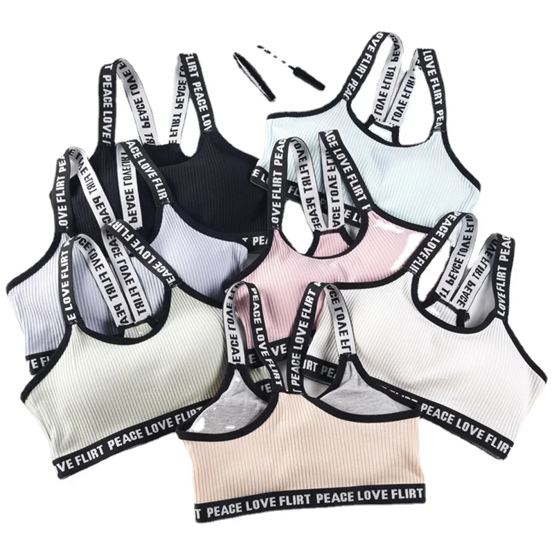 Sujetador deportivo de Color sólido para mujer, Top de tubo de hilo elástico, tirantes de letras con almohadilla en el pecho, ropa interior hermosa en el pecho - imagen 2