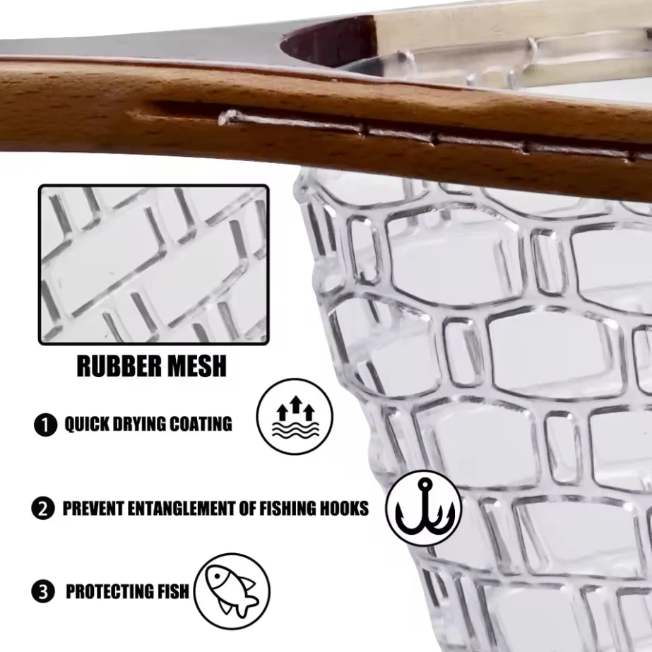 Red de pesca con mango de madera, aparejos de pesca con mosca grande, revestimiento de goma, red de aterrizaje para trucha, herramientas para Lucio, captura y liberación - imagen 5