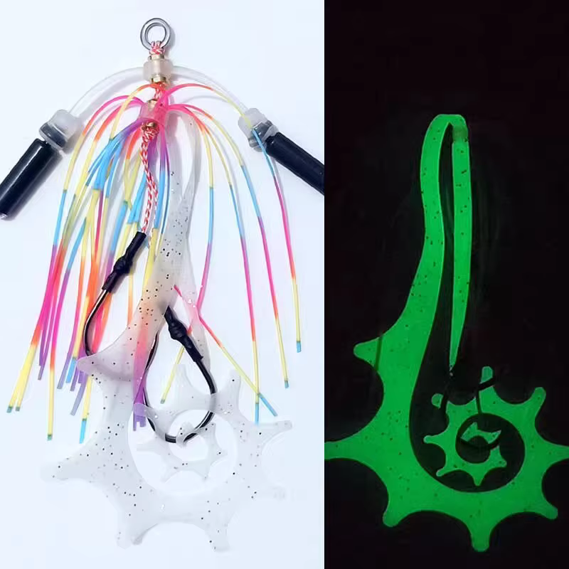 Señuelo de pesca colorido con diseño brillante para pesca nocturna
