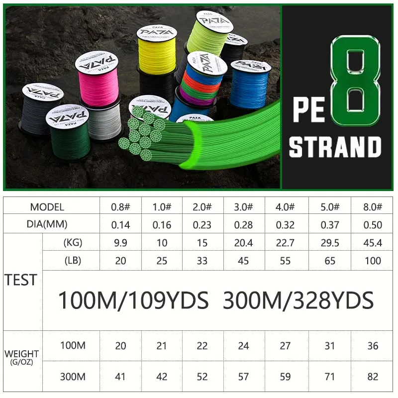 PAZA-sedal de Pesca trenzado colorido, 8 hebras, 300M, 100M, tejido de PE japonés, multifilamento, Pesca de carpa, Angeln, herramientas de alambre para agua salada - imagen 2