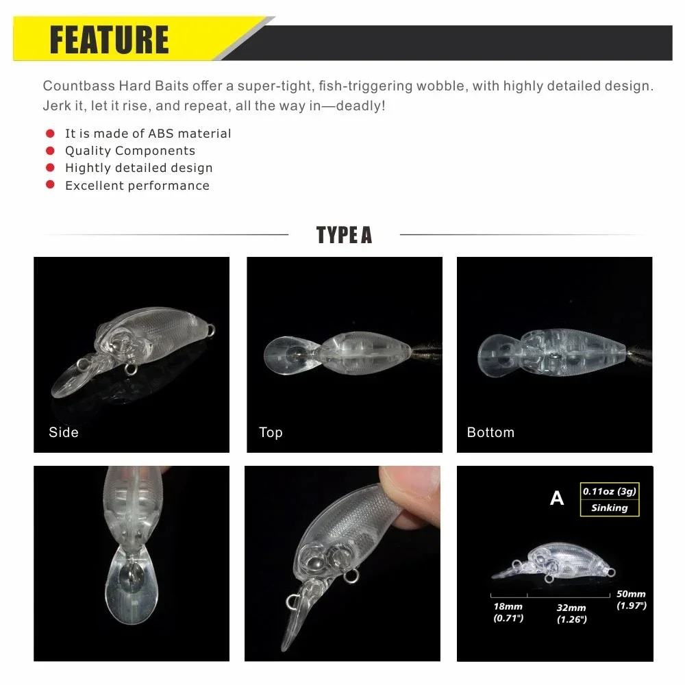 Señuelos duros de agua dulce, cebos de pesca sin pintar, Crankbait, Wobblers, 10 piezas, 32mm/1,26 ", 3g/0,11 oz - imagen 4