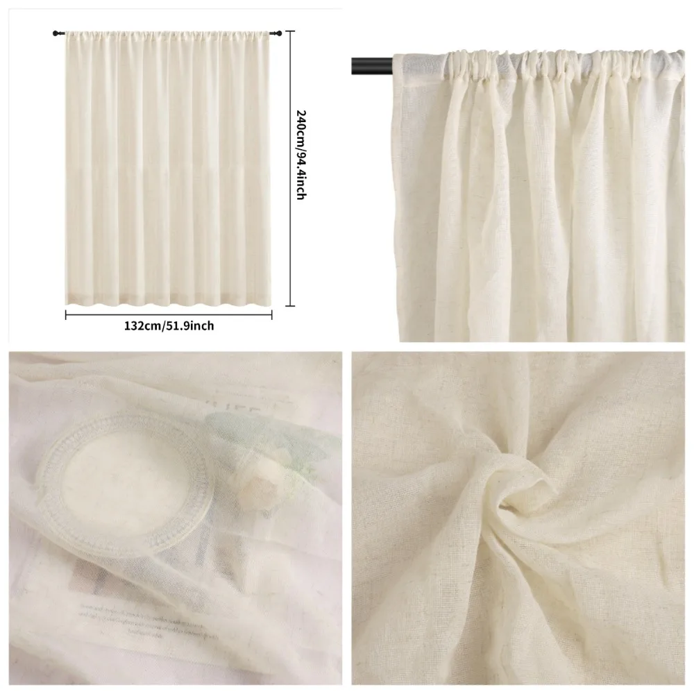 Cortina de gasa de lino Natural, cortinas de red con caída de 132CM, ventana con filtrado de luz, cortinas transparentes para dormitorio y sala de estar - imagen 4