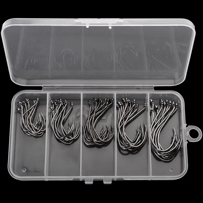 Juego de anzuelos de pesca de níquel negro, Kit de anzuelos de pesca de acero de alto carbono, señuelo de Río Grande Offset, 50 unids/lote por caja - imagen 4