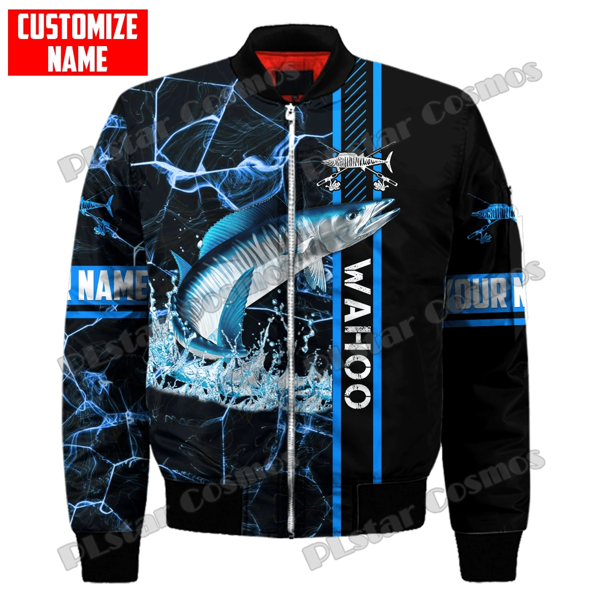 Chaqueta Bomber de invierno para hombre, pesca de lubina y Marlin, nombre personalizado, estampado 3D, abrigo grueso con cremallera y bolsillo, chaqueta cálida informal Unisex con cremallera FX-13 - imagen 5