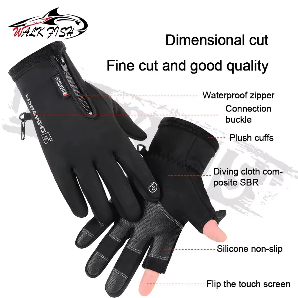 WALK FISH-guantes de ciclismo para hombre, dos dedos expuestos, deportes, pantalla táctil, forro polar grueso, pesca, calidez, esquí, impermeables, invierno - imagen 3