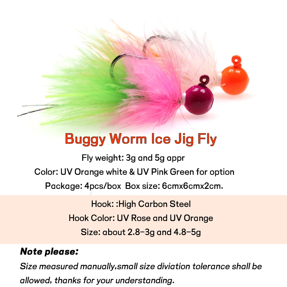 WIFREO 4pcs Weighted Metal Jig Hook Bugger Bait Mini Marabou Crappie Jig Pan Fish Ice Jig Fly Winter Ice Fishing Lure Fast Sink - imagen 2