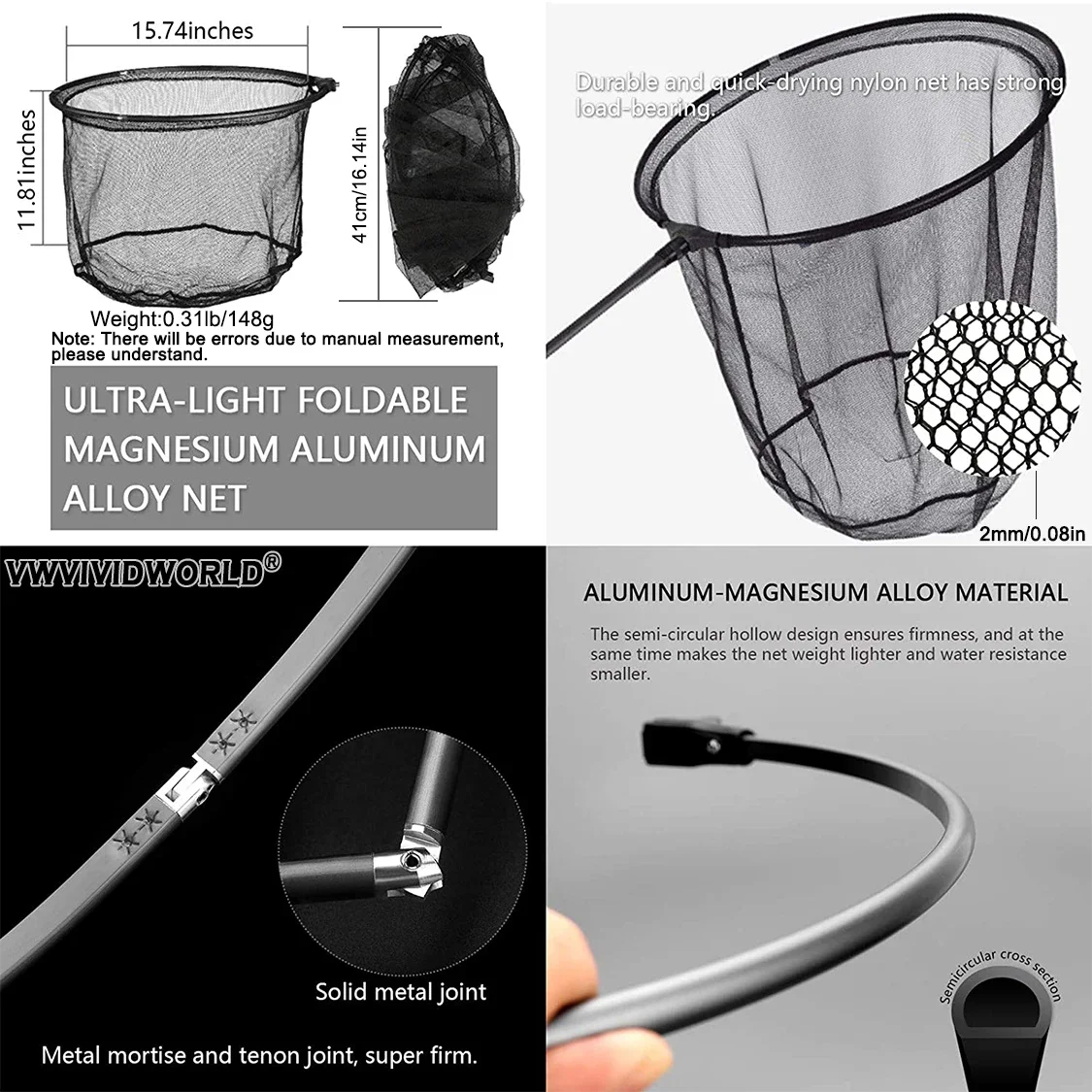 VWVIVIDWORLD, Red de aterrizaje plegable portátil de fibra de carbono, ultraligera, ultra duradera, extendida de 1,8 m-3,45 m, Red de captura - imagen 4