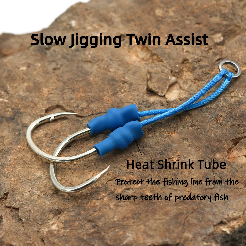 Ellllv-anzuelo de doble asistencia 4/0, anzuelos de Jigging lento de acero rico en carbono con línea de PE, tubo protector para pesca en el mar, señuelo de Jigging de Metal - imagen 2