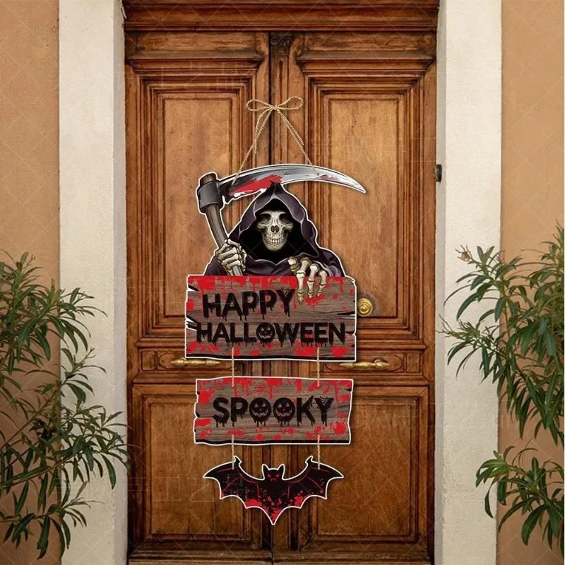 Nuevo cartel colgante de calabaza de Halloween, pancartas de truco o trato de murciélago de bruja espeluznante, decoración de puerta delantera, decoraciones de fiesta - imagen 4