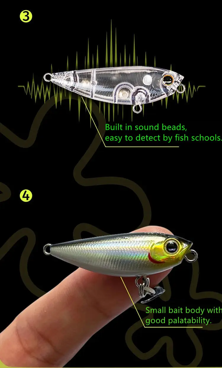 Experimente el mejor señuelo de pesca con capacidades de detección de sonido y un pequeño cuerpo de cebo para una gran palatabilidad