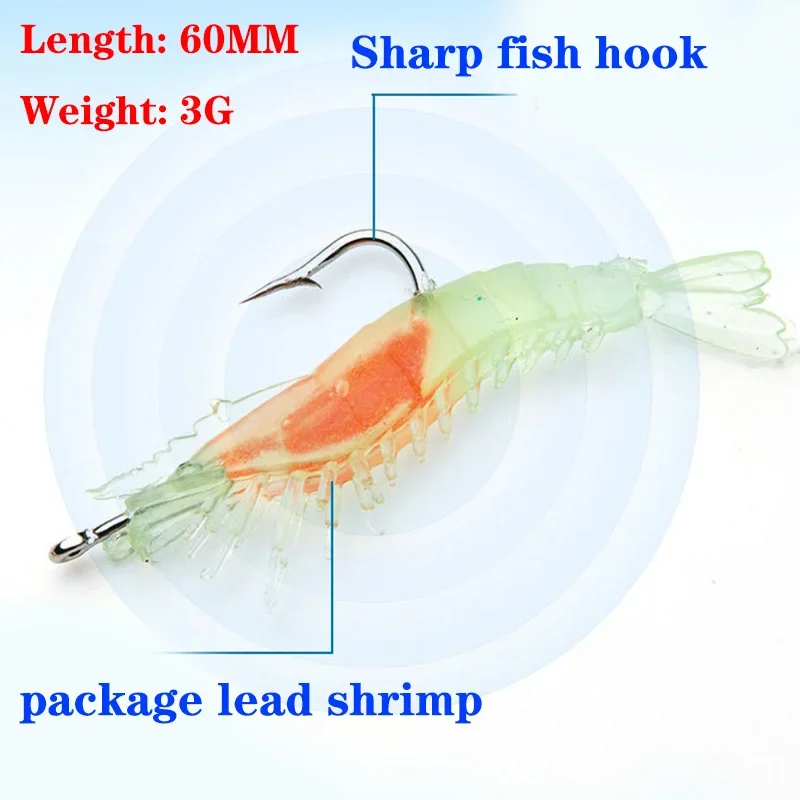 1 unidad de Pesca Flasher Rig anzuelo cebo suave 6cm 3g señuelo de Pesca de camarones luminosos cebos artificiales trucha olor a pescado aparejos individuales
