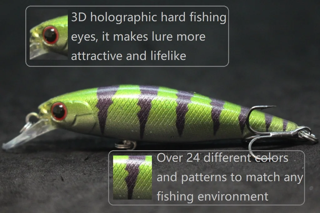 Un señuelo 3D con un cuerpo verde y morado y ojos rojos