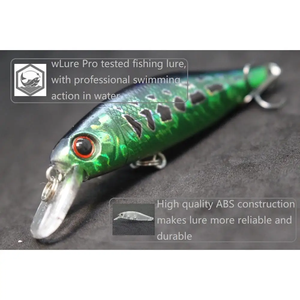 wLure Minnow Señuelo de pesca Jerkbait 9g 8cm 0,5 metros de profundidad 2 níquel negro # 8 Ganchos Ojos Duros 3D M606 - imagen 4
