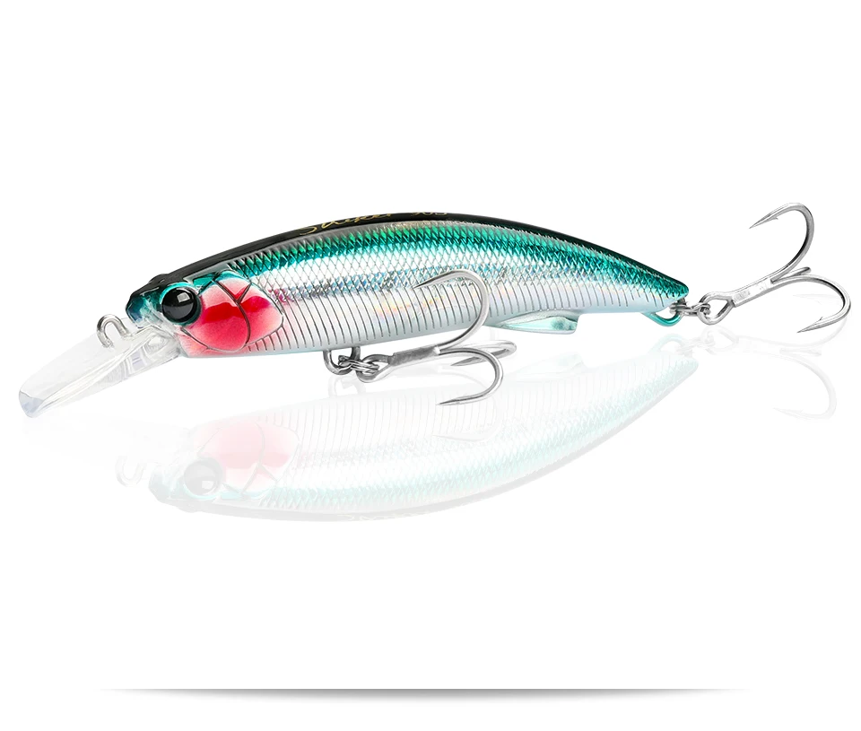 Un señuelo de pesca con un ojo rojo y un cuerpo plateado