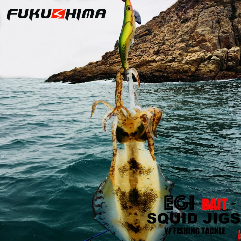FUKUSHIMA-gabarros de calamar de 2-3,5, señuelo EGI para pesca, desgarrador de madera, ocultos de corte BAIT, anzuelos afilados con cola brillante, 21 gramos, pesca en rocas y barcos - imagen 3